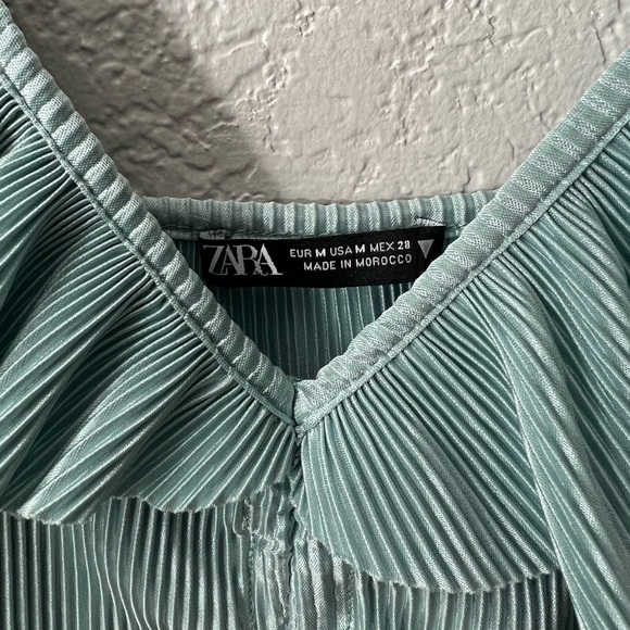 ZARA Mint Blue Pleated Crop Off shoulder Ruched drawstring Trendy Casual Tops - Picture 4 of 6
